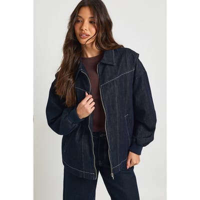 boohoo Dames Denim Bomberjack Met Contrasterende Stiksels | Indigo | Maat: 34