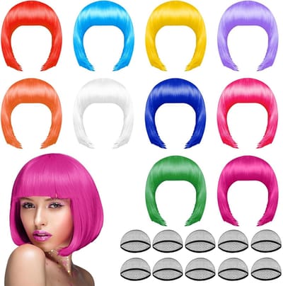 10 Stuks Neon Korte Bob Perücken en 10 Stuks Perückenkappen Set voor Feestkostuums, Kleurrijke Cosplay Haaraccessoires voor Hens Parties en Halloween