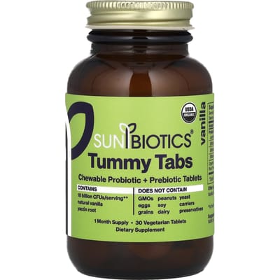 Sunbiotics, Buiktabletten, kauwbare probiotica + prebiotica, vanille, 30 plantaardige tabletten
