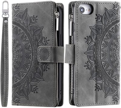 Telefoonhoesje geschikt voor iphone 17e / iphone 16e - Portemonnee met rits - book-case hoesje - ruimte voor 7 pasjes - mandala bloemen grijs