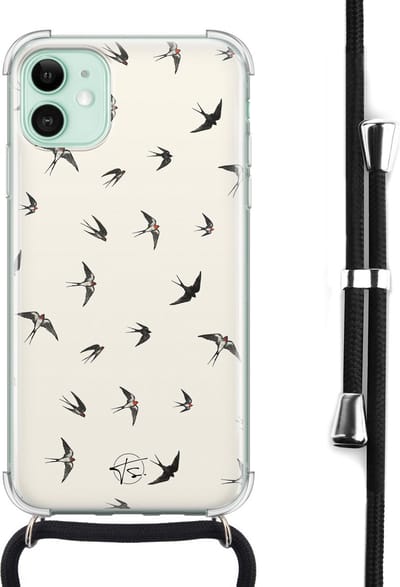 Hoesje met koord geschikt voor iPhone 11 - Vogels / Birds - Inclusief zwart koord - Crossbody beschermhoes - Transparant, Beige - Mooie Telefoonhoesjes