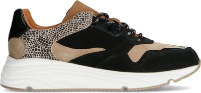 Manfield - Dames - Zwarte lage sneakers met cheetahprint - Maat 36
