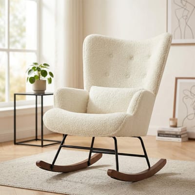 HomeMiYN Schommelstoel – Crème Lus – Pluche Lussenstof Relaxstoel – Moderne Voedingsstoel met Armleuningen – Max 130 kg – Ergonomische Rugleuning 60 cm – Rubberhouten Poten – Voor Woonkamer & Slaapkamer