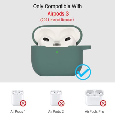 KOKOKA Beschermhoesje compatibel met AirPods 3, schokbestendige siliconen beschermhoes, zacht, antislip, beschermhoes voor Airpods 3de generatie 2021 met karabijnhaak, diepgroen