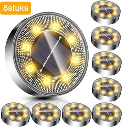 LED Zonne-energie Grondspots - (8 stuks) Warm wit - RVS met 8 LED-spotjes - Grondspots op zonne-energie - 8 uur buitenverlichting in de tuin - IP68 waterdicht - Tuinverlichting op zonne-energie - Buitenverlichting tuinlamp