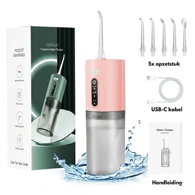 Waterflosser - Neusdouche - Monddouche - Tongschraper - Tongreiniger - Flosapparaat - 5 opzetstukken - 3 standen - Tandplak verwijderaar - Tongreiniger - Beugel schoonmaken - Tandplak verwijderen - Tandsteenverwijderaar (ROZE)