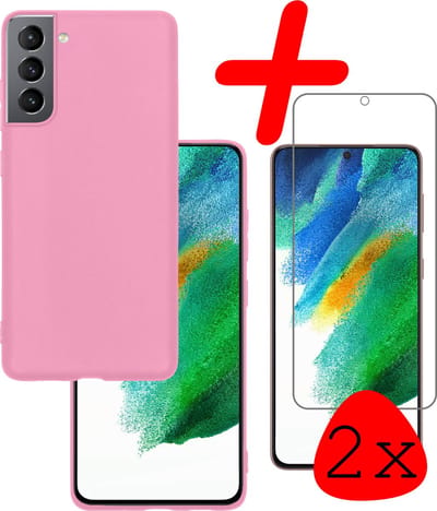 Hoesje Met 2x Screenprotector - Geschikt voor Samsung Galaxy S21 FE - Sterk & Shockproof - Back Cover - Siliconen Case - Telefoon Hoes - Lichtroze