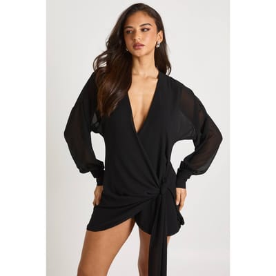 boohoo Dames Mini-wikkeljurk met lange mouwen | Black | Maat: 10
