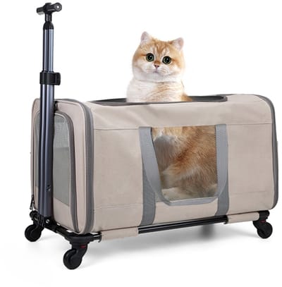 Jently kattenwagen - katten vervoersbox - met wielen - met veiligheidsgordels - voor reizen - dieren transporttas - kaki