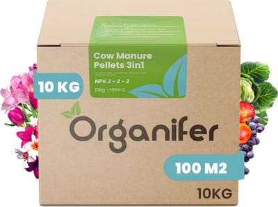 Koemestkorrels 3in1 (10kg, 100m2) - Allround Organische Meststof - Koemest - Mestkorrels - Bodemverbeteraar - Gedroogde Koemestkorrels - Direct opneembare voeding - Lavameel Toevoeging - Langdurige Werking - Organifer