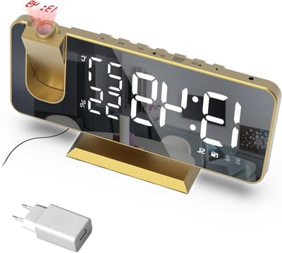 Projectiewekker Digitale Klok - Nachtklok Radio - Wakker Worden - 180 Graden Projectie - 7.4 Inch LED Scherm - Goud