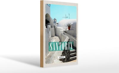 Holzschild Reise 20x30cm Santorini weiße Gebäude Treppen