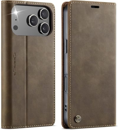 Premium PU Leren Flip Case voor iPhone 17 Pro met RFID Bescherming en Kaartcompartiment, Vouwbare Standfunctie en Stijlvol Ontwerp in Koffiekleur
