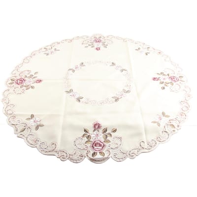 Ronde Rode Bloemen Geborduurde Tafel Runner Tafelkleed Cutwork Tafel Feestdecoratie 85cm white