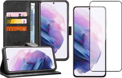 Hoesje geschikt voor Samsung Galaxy S21 - Screen Protector FullGuard - Book Case Kunstleer Pasjeshouder Zwart & Screenprotector