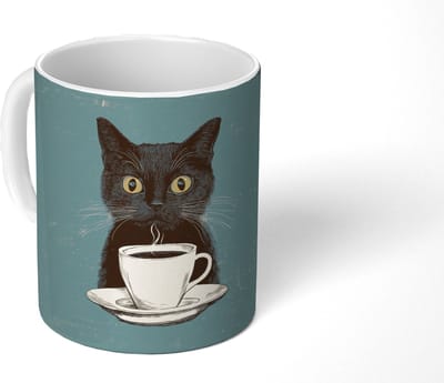 Mok - Koffiemok - Kat - Zwart - Koffie - Minimalistisch - Mokken - 350 ML - Beker - Koffiemokken - Theemok