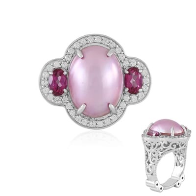 Cavill - Verstelbare Zilveren Ring - 925 Sterling Zilver Rhodium Verguld - Roze Ovale Mabé Parel 16x12 mm - Roze Topaas & Pavé Zirkonia's 1,58 ct