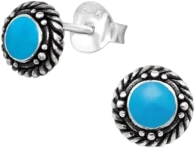 Aramat Jewels | Oorbellen | Oorstekers – Sterling Zilver Bali Etnisch Blauw Emaille 6mm Rond Geoxideerd | | | |6mm | Zilver | Kinderen, Volwassenen | Verkleurd niet