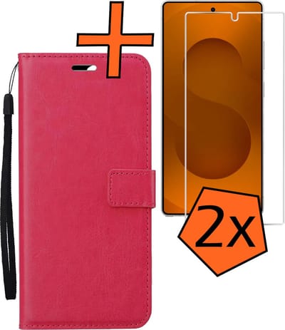 Hoes - Met 2x Screenprotector - Geschikt voor Samsung Galaxy S25 Ultra - Luxe Pasjeshouder - Bookcase Portemonee - Flip Case - Kunstleer Book Case - Flipcase Hoes - Book Cover - Walletcase - PortemonneeHoes - Donkerroze