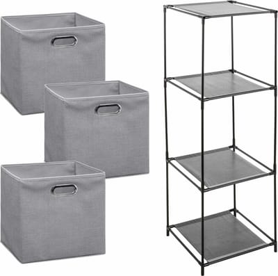 Kastmandjes/opberg manden - lichtgrijs - 3x stuks van 29 Liter - In metalen rekje van 34 x 98 cm