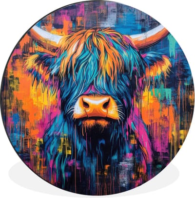 WallCircle - Wandcirkel - Muurcirkel - Schotse Hooglander - Abstract - Kleurrijk - Aluminium - Dibond - 30x30 cm - Binnen en Buiten
