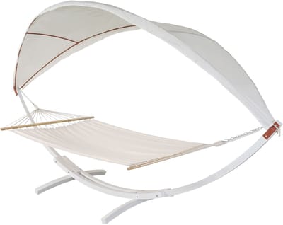 Hangmat MCW-J47, hangschommel tot 200 kg Zonnescherm MVG-houten frame 420 cm 2 personen ~ wit, crèmewit