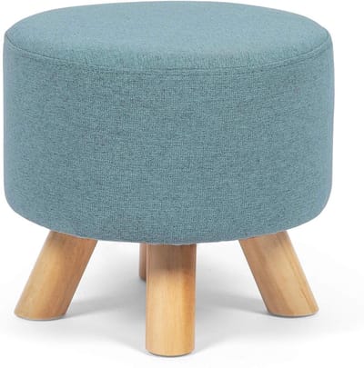 Ronde Ottomaanse Kruk - Voetenbankje Poef - Ontspanning Thuis - Antislip Houten Poten - 28 cm Hoog - Lichtblauw