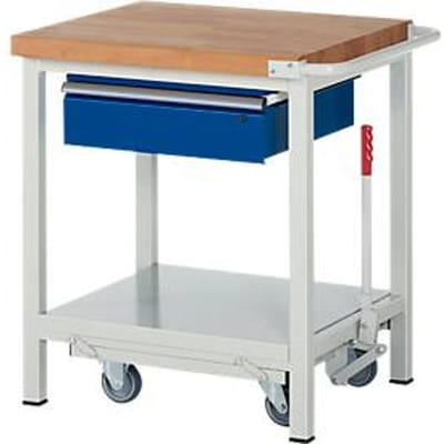 Werkbank serie 8001, verrijdbaar, neerlaatbaar, schuiflade, B 750 x D 700 x H 880 mm