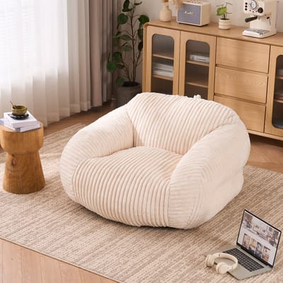 Zitzak voor volwassenen - Beige corduroy loungestoel - Voorgevuld en ergonomisch - Zacht ribfluweel - Voor woonkamer en slaapkamer - 116x110x61 cm