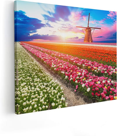Artaza Canvas Schilderij Tulpenveld - 100x80 cm - Groot - Wanddecoratie Molen - Muurdecoratie Bloemen - Schilderijen Op Canvas Nederland
