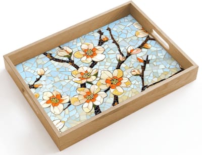 Dienblad hout 40x30 cm - Schootdienblad - Bloesems - Wit - Mozaïek - Tak - Borrelplank rechthoek - Plateau dienbladen