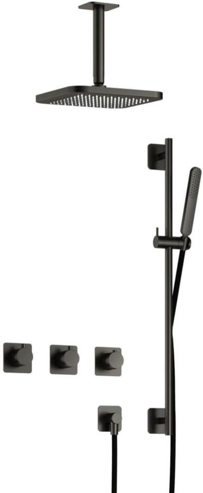 Hotbath Gal - Inbouw Regendoucheset - Geborsteld Gunmetal PVD - 2 Stopkranen - Thermostatisch - Plafondbuis 15 cm - Hoofddouche 220 mm - Staafhanddouche - Glijstang 900 mm - V02