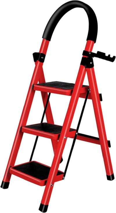 Opvouwbare Trapladder - Bureauladder Kruk - Veilig Bereiken - Extra Stabiele Zijsteunen - 3 Treden 104cm Hoog - Rood