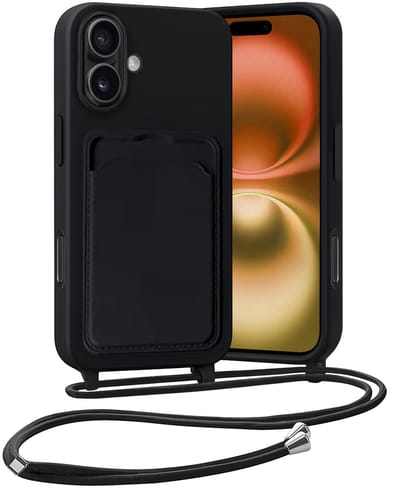Hoesje Geschikt voor iPhone 16 Plus Hoesje Met Telefoonketting Pasjeshouder Case Koord - Hoesje Geschikt voor iPhone 16 Plus Hoes Met Kaarthouder - Zwart