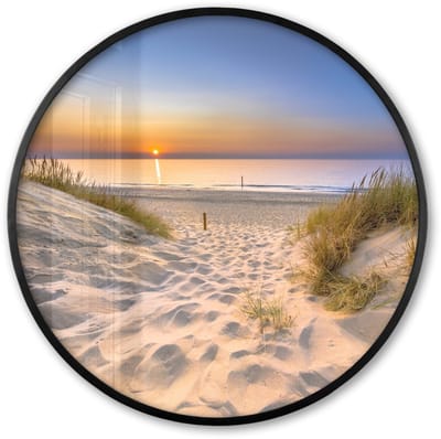 Poster in lijst Rond - Fotolijst 60x60 cm - Posters - Duin - Zonsondergang - Horizon - Strand - Gras - Ronde posterlijst zwart - Decoratie - Wanddecoratie woonkamer - Muurdecoratie slaapkamer
