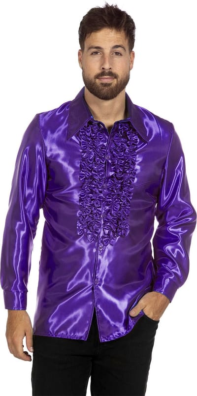 Jaren 80 & 90 Kostuum | Paarse Ruchesblouse Satijn Foute Disco | Maat 54 | Carnaval kostuum | Verkleedkleding