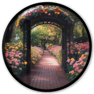 Poster in lijst Rond - Fotolijst 40x40 cm - Posters - Doorkijk - Bloemen - Pad - Natuur - Kleurrijk - Ronde posterlijst zwart - Decoratie - Wanddecoratie woonkamer - Muurdecoratie slaapkamer