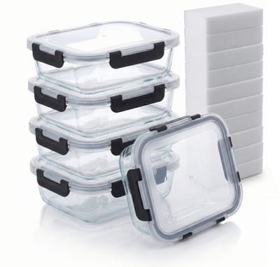BARDI 5 Delige Glazen Meal Prep Bakjes Inclusief 10 Stuks Wonderspons - Glazen Vershoudbakjes - Glazen Opbergbakken - Diepvriesbakken - Luchtdicht - BPA Vrij - 1060ML - Glas - Zwarte Clips
