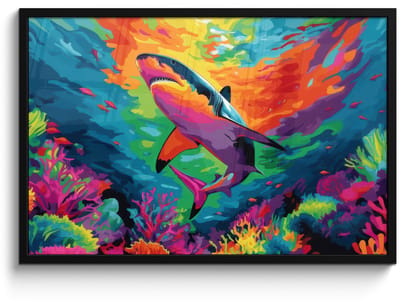 Poster in lijst - Fotolijst 90x60 cm - Posters - Haai - Koraalrif - Abstract - Kleurrijk - Posterlijst zwart - Decoratie - Wanddecoratie woonkamer - Muurdecoratie slaapkamer