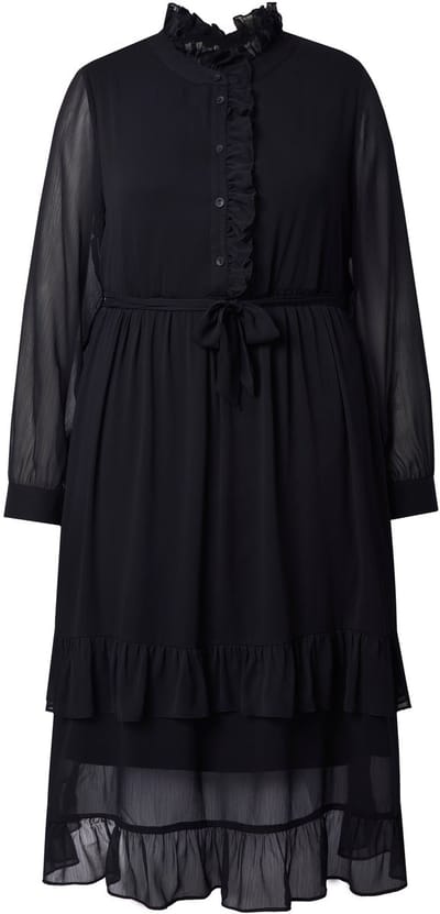 Ulla Popken - Dames - Midi-jurk volants A-lijn opstaande kraag lange mouwen - Zwart - Maat 46+
