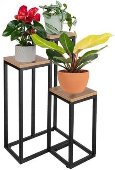 Bloemenstandaard 3 niveaus - Plantenrek metaal - Planten presenteren - Industriële stijl - 67 x 345 cm - Zwart