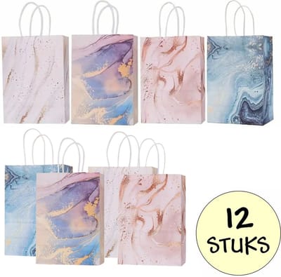 12x Papieren Uitdeeltasjes Marmer - 15x8x21cm - Stevig Papier - Traktatie Zakjes - Papieren Tasjes - Cadeau Zakjes - Uitdeelzakjes - 6 Verschillende Motieven - Kraftpapier - 12 Stuks