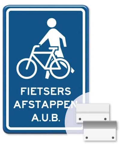 Bord fietsers afstappen - blauw - Weerbestendig Aluminium - 40x60 cm - Bevestiging: Met muur-/ wandmontage beugels