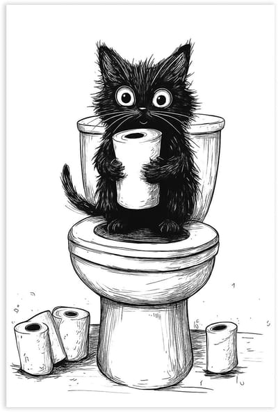Dailygoods- Muurkunst Uniek - Badkamer Wanddecoratie - Grappig Dierenbeeld - Waterproof Canvas - 20 x 30 cm - Zwart/Wit