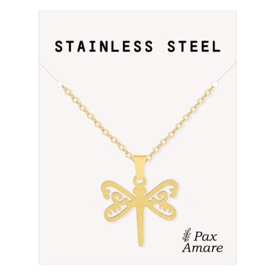 Cadeau Ketting met Libelle - Roestvrij Staal - Goudkleurig - Cadeau Sieraad op Kaartje - Pax Amare