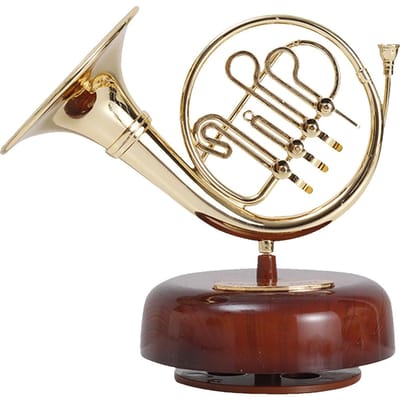 Trompet Muziekdoos Klassieke Opwindbare Muziekdoos Draaiende Muziekdoos Roterende Basis Messing Blaasinstrument Miniatuur Replica Kunstwerk Cadeau French Horn