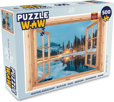 Puzzel Winterlandschap - Natuur - Huis - Bergen - Doorkijk - Raam - Legpuzzel - Puzzel 500 stukjes