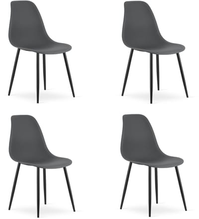 Set van 4 Stoelen WAT – Donkergrijs, Zwarte Metalen Poten, Kunststof Zitting – Modern en Ergonomisch – Geschikt voor Eetkamer, Woonkamer, Keuken, Thuiswerkplek, Kantine en Wachtruimte – Eenvoudige Montage