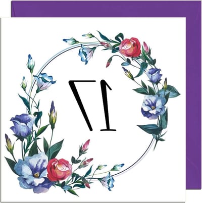 Verjaardagskaart Meisje - Tiener Kaart - 17e Verjaardag Vieren - Bloemenontwerp - 145 x 145 mm - Paars