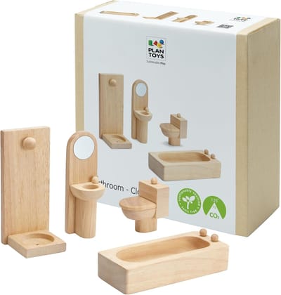 Badkamer Set - Poppenhuis Meubels - Poppenhuis Inrichten - Duurzaam Rubberhout - 5.99 x 14 x 3.99 cm - Natuurlijk Hout